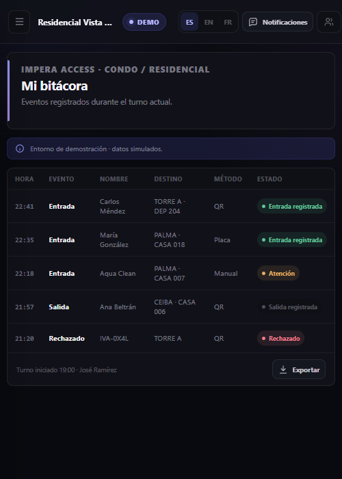 Pantalla móvil de la bitácora de accesos en IMPERA ACCESS en modo oscuro.