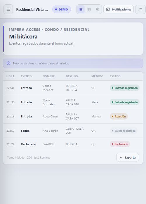 Pantalla móvil de la bitácora de accesos en IMPERA ACCESS en modo claro.