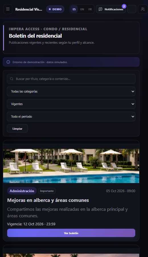 Boletín del residencial en el portal móvil de IMPERA ACCESS en modo oscuro.