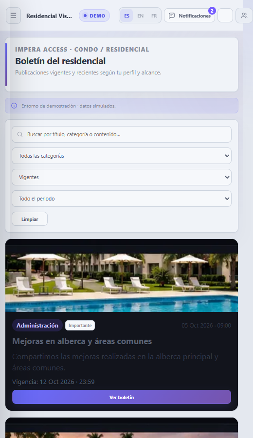 Boletín del residencial en el portal móvil de IMPERA ACCESS en modo claro.