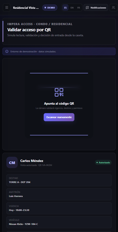 Pantalla móvil de validación de acceso por QR en IMPERA ACCESS en modo oscuro.