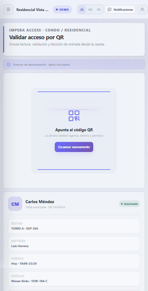 Pantalla móvil de validación de acceso por QR en IMPERA ACCESS en modo claro.