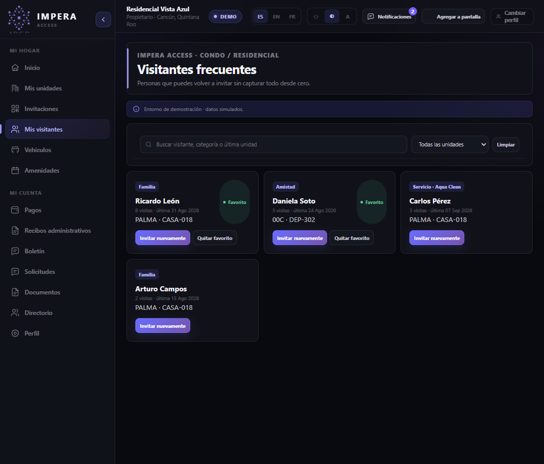 Portal de propietarios con visitantes frecuentes en IMPERA ACCESS en modo oscuro.