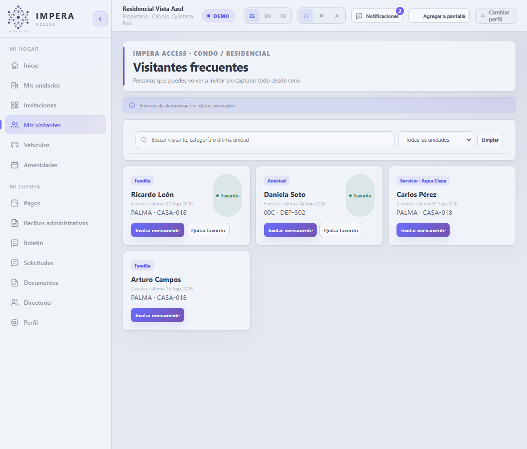 Portal de propietarios con visitantes frecuentes en IMPERA ACCESS en modo claro.
